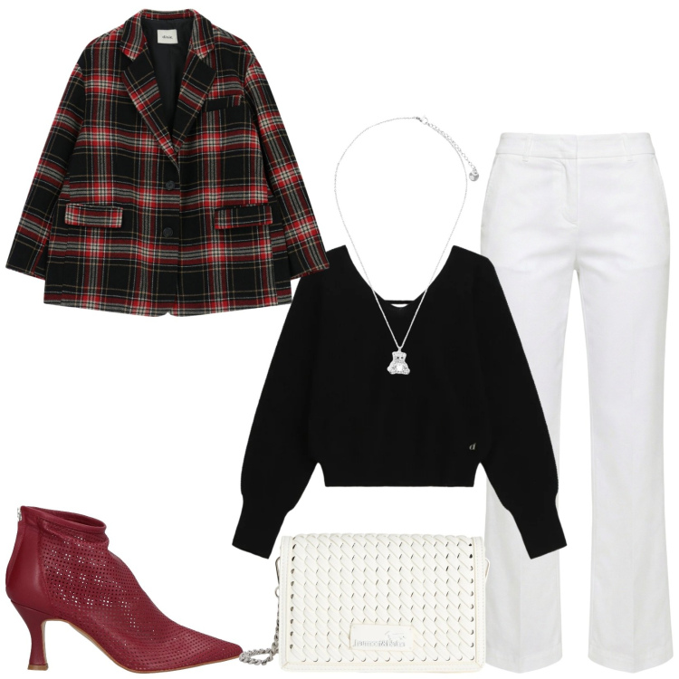 Outfit donna - Total look #2363423. Stile Trendy per Serata fuori. Abbinamento con stivaletti, borse a tracolla, pantaloni, maglieria, blazer, ciondoli.