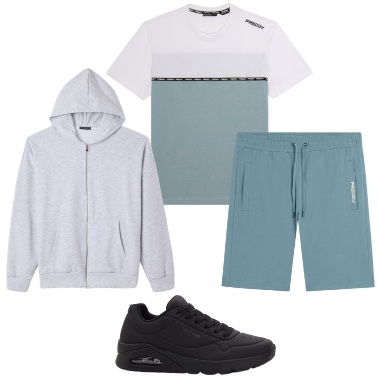 Outfit uomo - Total look #2363427. Stile Urban per Sport. Abbinamento con sneakers, felpe con cappuccio, pantaloni corti, t-shirt.