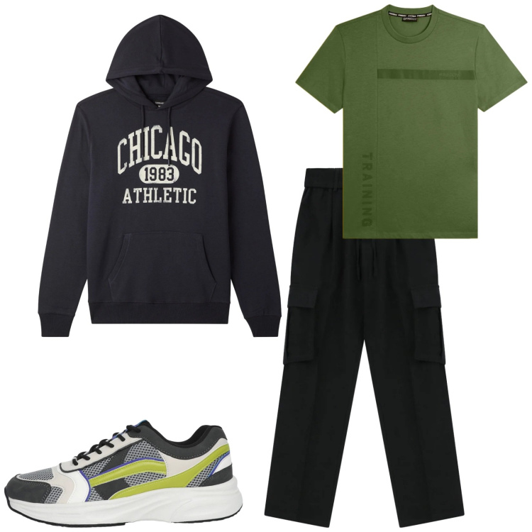 Outfit uomo - Total look #2363428. Stile Urban per Tutti i giorni. Abbinamento con felpe con cappuccio, sneakers, pantaloni cargo, t-shirt.