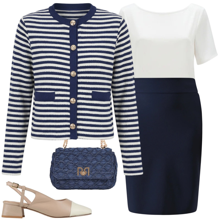 Outfit donna - Parisian Breeze. Stile Preppy per Ufficio. Abbinamento con décolleté, gonne, borse a spalla, cardigans, bluse.