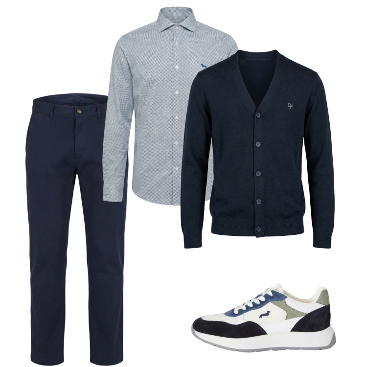 Outfit uomo - Blu day. Stile Casual per Tutti i giorni. Abbinamento con sneakers, camicie, pantaloni cargo, cardigans.