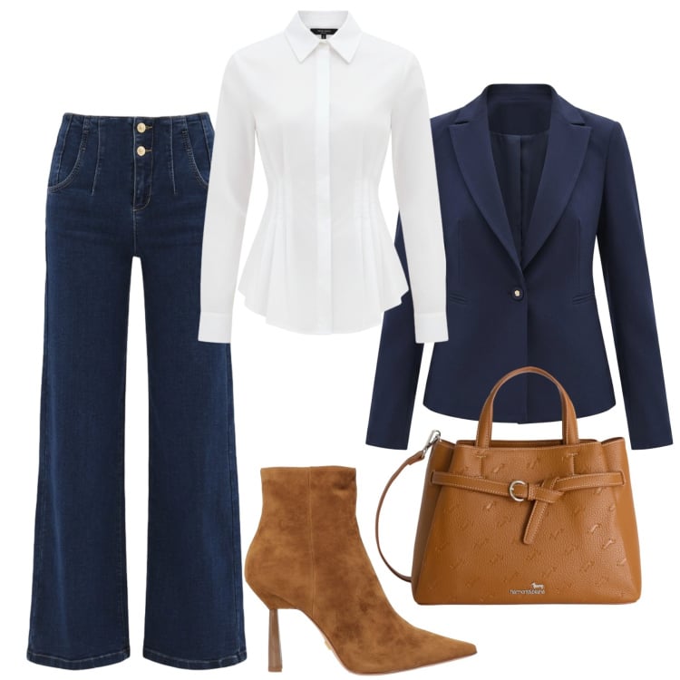 Outfit donna - Una nuova camicia bianca. Stile Casual chic per Tutti i giorni. Abbinamento con stivaletti, borse a mano, jeans, blazer, camicie.