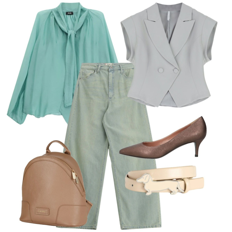 Outfit donna - Sfumature di verde - @antonellal. Stile Casual chic per Tutti i giorni. Abbinamento con zaini, décolleté, cinture, gilet, bluse, jeans.