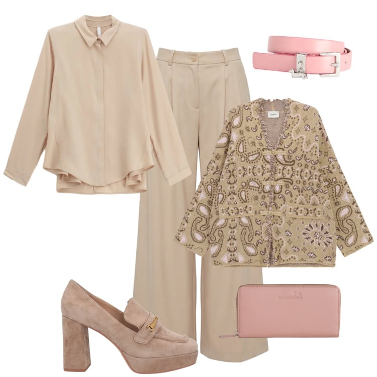 Outfit donna - Leggerezza in ufficio. Stile Glamour per Ufficio. Abbinamento con mocassini, cinture, pantaloni, portafogli, camicie, cardigans.