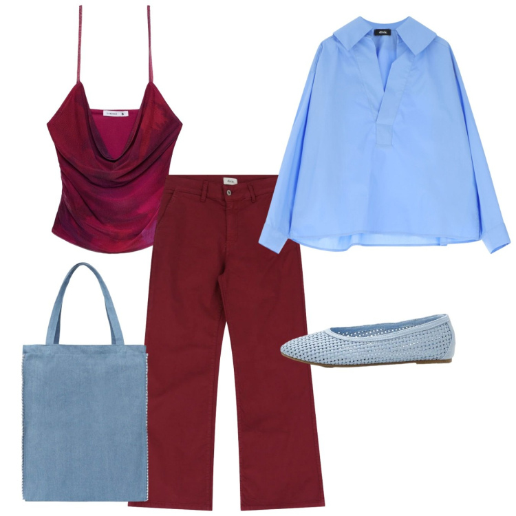 Outfit donna - Celeste e bordeaux - @pamela. Stile Bon Ton per Tutti i giorni. Abbinamento con ballerine, top, borse tote, camicie, jeans.