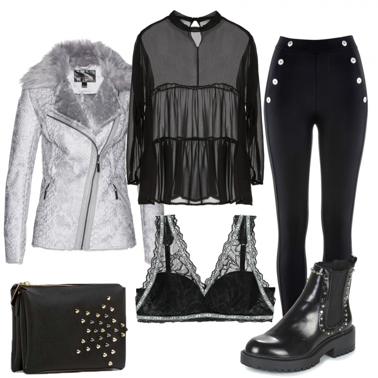 Outfit donna - Trendy dall\'animo rock. Stile Trendy per Serata fuori. Abbinamento con leggings, giacca in pelle sintetica, camicia in gabardine, stivaletti nero, reggiseno, borsa a tracolla fantasia con borchie e zip con scomparti nero.