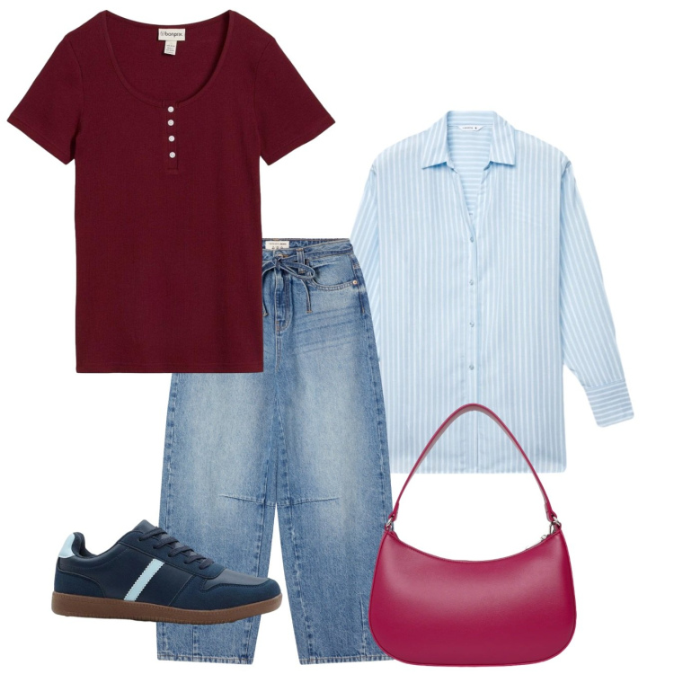 Outfit donna - Celeste e bordeaux - @pamela. Stile Casual per Tutti i giorni. Abbinamento con sneakers, t-shirt, jeans, camicie, borse a tracolla.