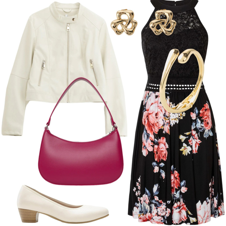 Outfit donna - Per una passeggiata in centro. Stile Glamour per Serata fuori. Abbinamento con décolleté, vestiti, braccialetti, borse a tracolla, giacche, orecchini.