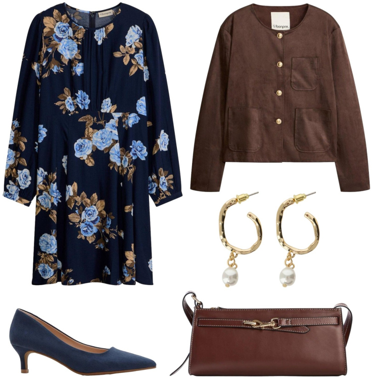 Outfit donna - Passeggiata romantica. Stile Romantica per Tutti i giorni. Abbinamento con vestiti, borse a tracolla, décolleté, blazer, orecchini.