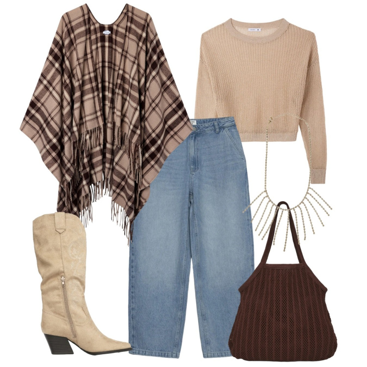 Outfit donna - Terranova - Desert Code. Stile Casual per Tutti i giorni. Abbinamento con shopping bag, collane, cappotti, stivali, maglieria, jeans dritti.