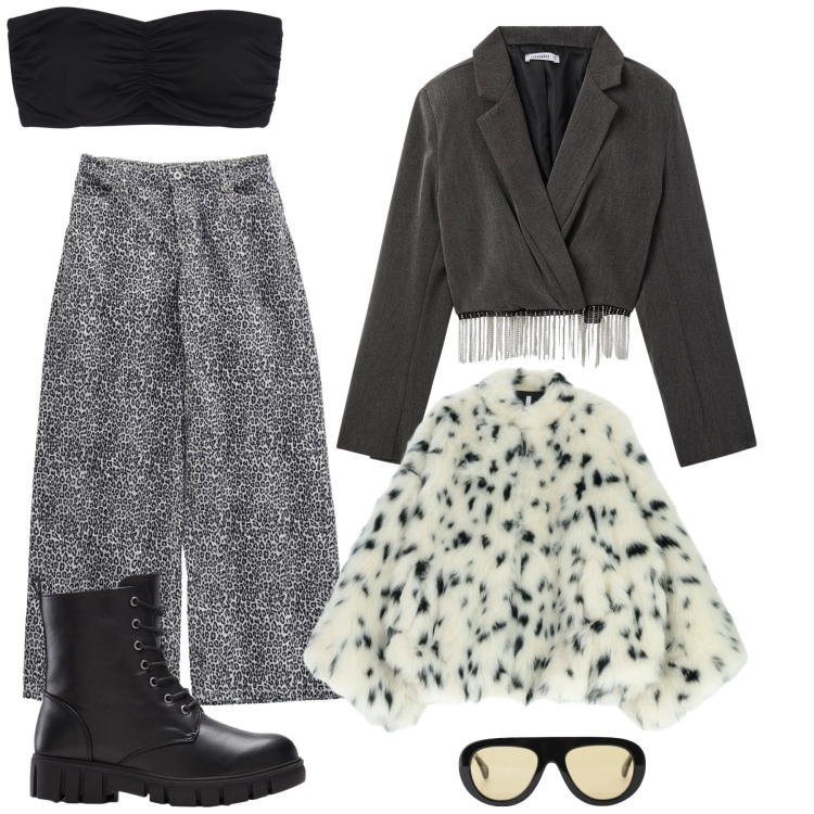 Outfit donna - Imperial chic. Stile Rock per Tutti i giorni. Abbinamento con anfibi, blazer, occhiali da sole, ecopellicce, pantaloni, top.