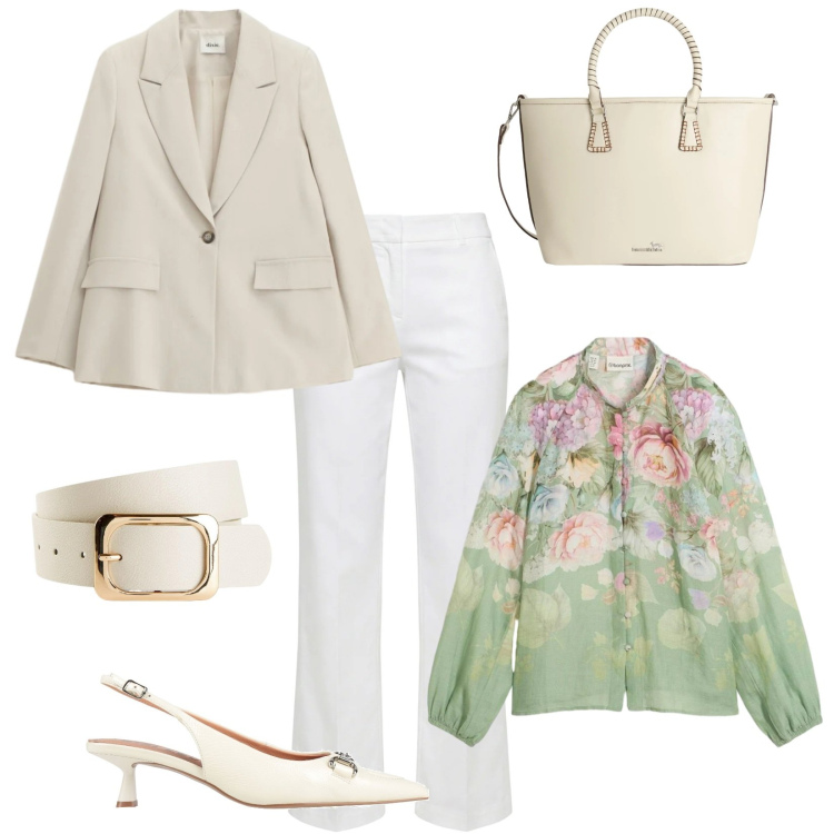 Outfit donna - Verde floreale. Stile Casual per Tutti i giorni. Abbinamento con décolleté, cinture, bluse, shopping bag, pantaloni, blazer.