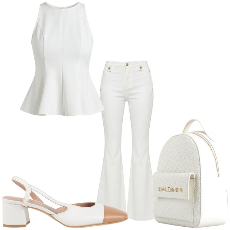 Outfit donna - Total look in bianco. Stile Glamour per Tutti i giorni. Abbinamento con zaini, décolleté, pantaloni chino, canottiere.