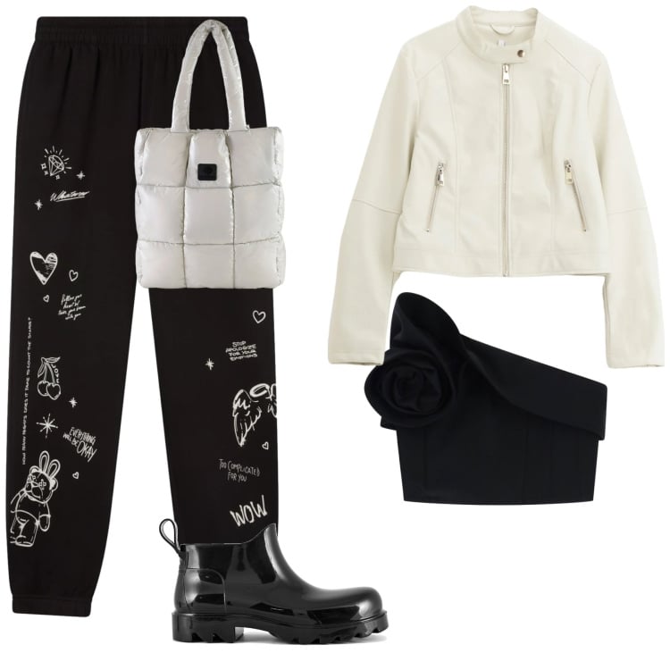 Outfit donna - Blackout. Stile Sporty chic per Tutti i giorni. Abbinamento con pantaloni, giacche, top, shopping bag, stivali.
