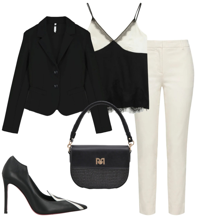 Outfit donna - City. Stile Minimal per Tutti i giorni. Abbinamento con décolleté, pantaloni, blazer, top, borse a spalla.