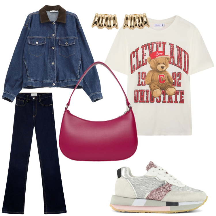 Outfit donna - Passione casual. Stile Casual per Tutti i giorni. Abbinamento con jeans a zampa, t-shirt, borse a tracolla, orecchini, blazer, sneakers.