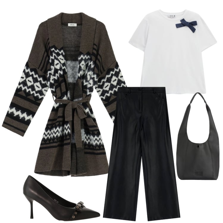 Outfit donna - Total look #2363466. Stile Casual chic per Serata fuori. Abbinamento con décolleté, cappotti, pantaloni a palazzo, borse a spalla, t-shirt.