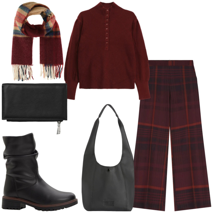 Outfit donna - Total look #2363468. Stile Casual chic per Ufficio. Abbinamento con stivali, portafogli, maglieria, pantaloni a palazzo, borse a spalla, sciarpe.