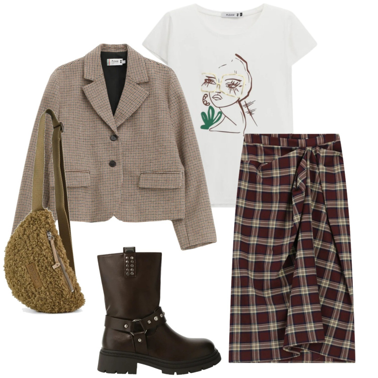 Outfit donna - Total look #2363471. Stile Trendy per Tutti i giorni. Abbinamento con gonne longuette, stivali, t-shirt, blazer, marsupi.