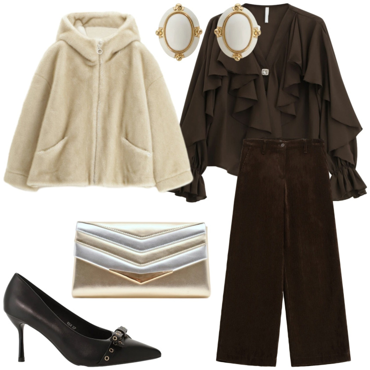 Outfit donna - Serata fuori. Stile Glamour per Serata fuori. Abbinamento con camicie, décolleté, orecchini, pantaloni, blazer, pochette.