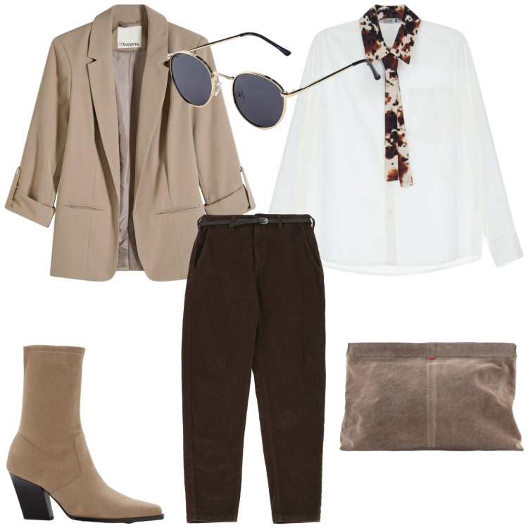 Outfit donna - Soft Power dressing. Stile Trendy per Tutti i giorni. Abbinamento con occhiali da sole, blazer, stivaletti, pantaloni chino, camicie, pochette.