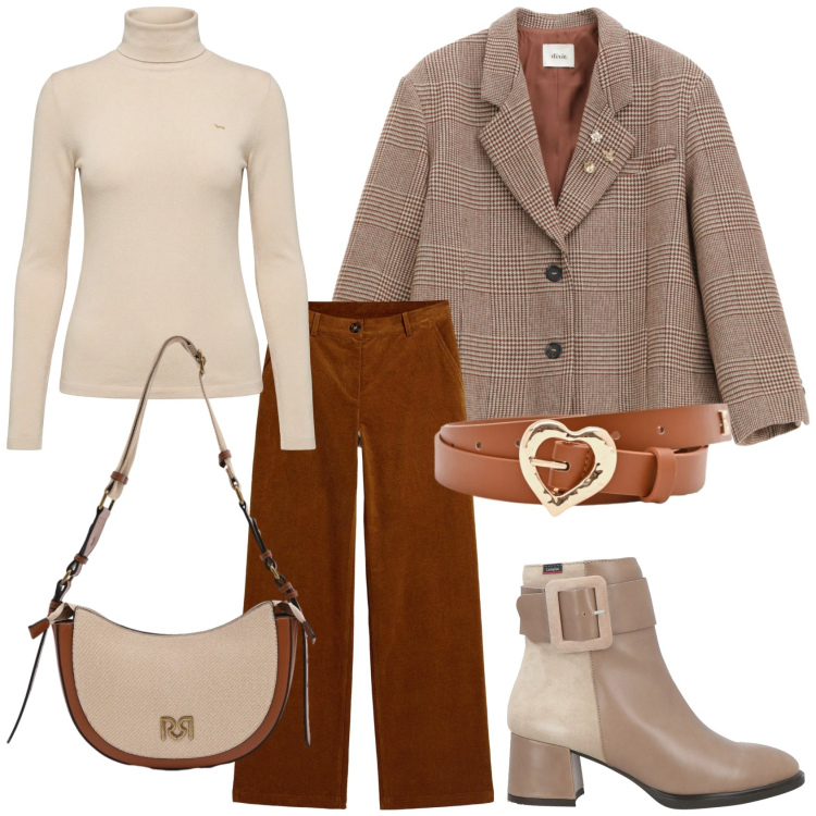 Outfit donna - Total look di Marzo. Stile Trendy per Tutti i giorni. Abbinamento con stivaletti, pantaloni, maglieria, blazer, borse a tracolla, cinture.