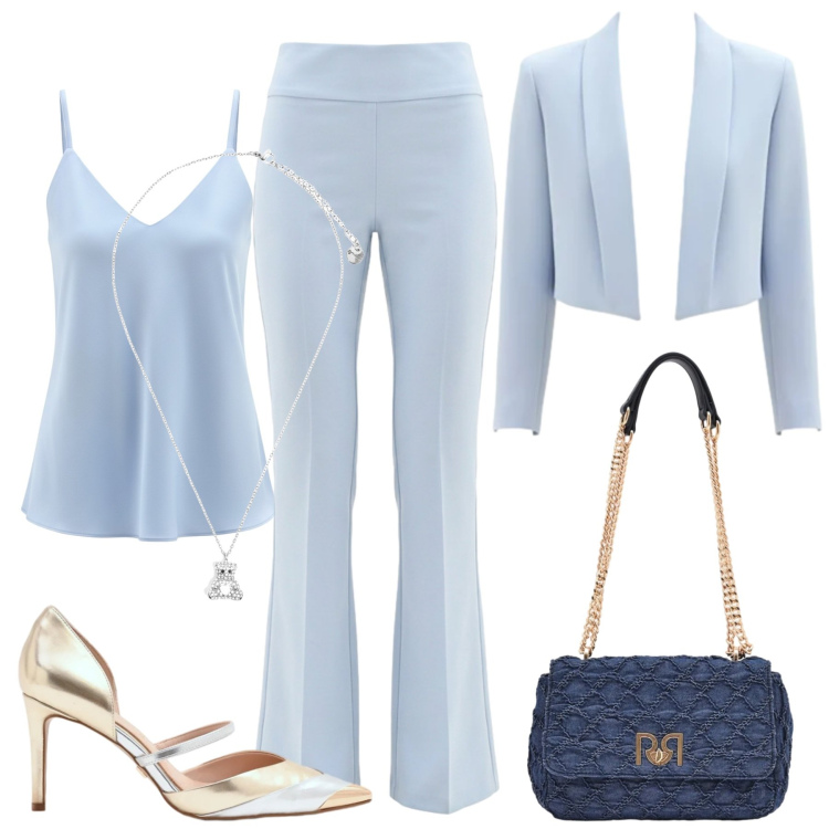Outfit donna - Celeste primavera. Stile Casual per Tutti i giorni. Abbinamento con ciondoli, décolleté, pantaloni, borse a spalla, bolero, canottiere.