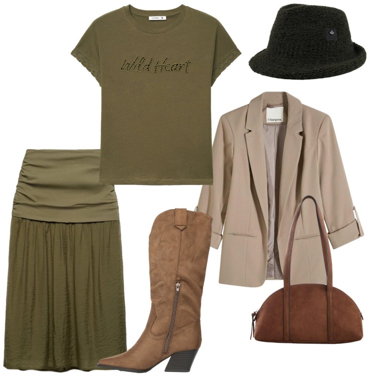 Outfit donna - Femminilità e carattere. Stile Trendy per Tutti i giorni. Abbinamento con borse a tracolla, blazer, stivali, gonne longuette, t-shirt, cappelli.