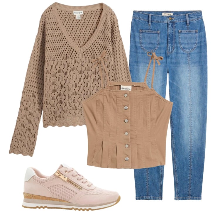 Outfit donna - Total look #2363490. Stile Boho per Tutti i giorni. Abbinamento con maglieria, jeans mom, top, sneakers.