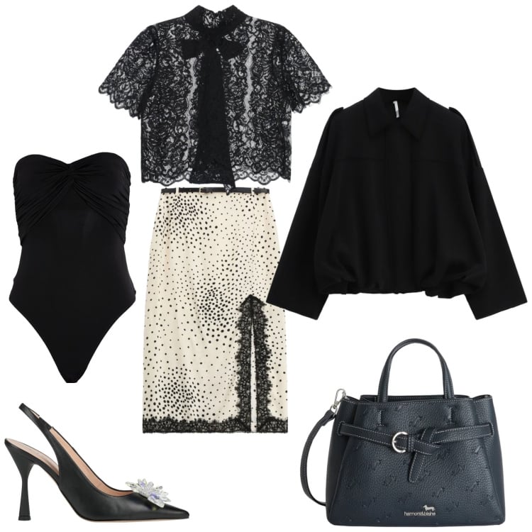 Outfit donna - Serata fuori. Stile Casual chic per Serata fuori. Abbinamento con body, décolleté, borse a mano, gonne longuette, top, felpe.