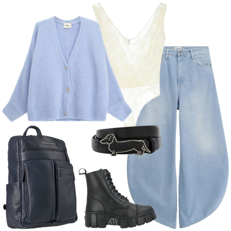 Outfit donna - All\'università. Stile Sporty chic per Scuola/Università. Abbinamento con zaini, stivaletti, cinture, top, cardigans, jeans.