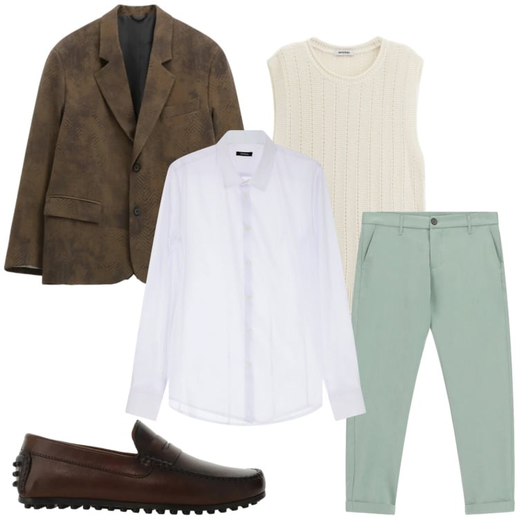 Outfit uomo - Camicia a maniche arrotolate. Stile Casual per Tutti i giorni. Abbinamento con camicie, maglieria, scarpe stringate, giacche, pantaloni.