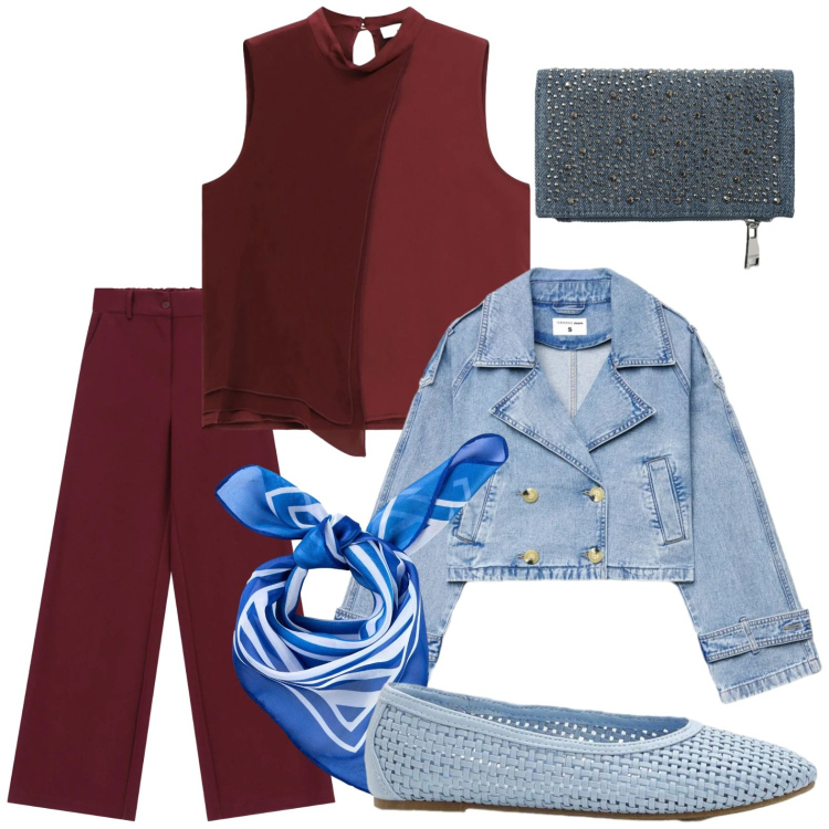 Outfit donna - Celeste e bordeaux. Stile Minimal per Tutti i giorni. Abbinamento con ballerine, foulard, caban, portafogli, top, pantaloni a palazzo.