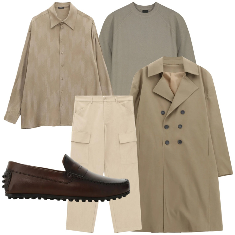 Outfit uomo - Toni sabbia e beige. Stile Casual per Tutti i giorni. Abbinamento con pantaloni cargo, scarpe stringate, camicie, trench, maglieria.