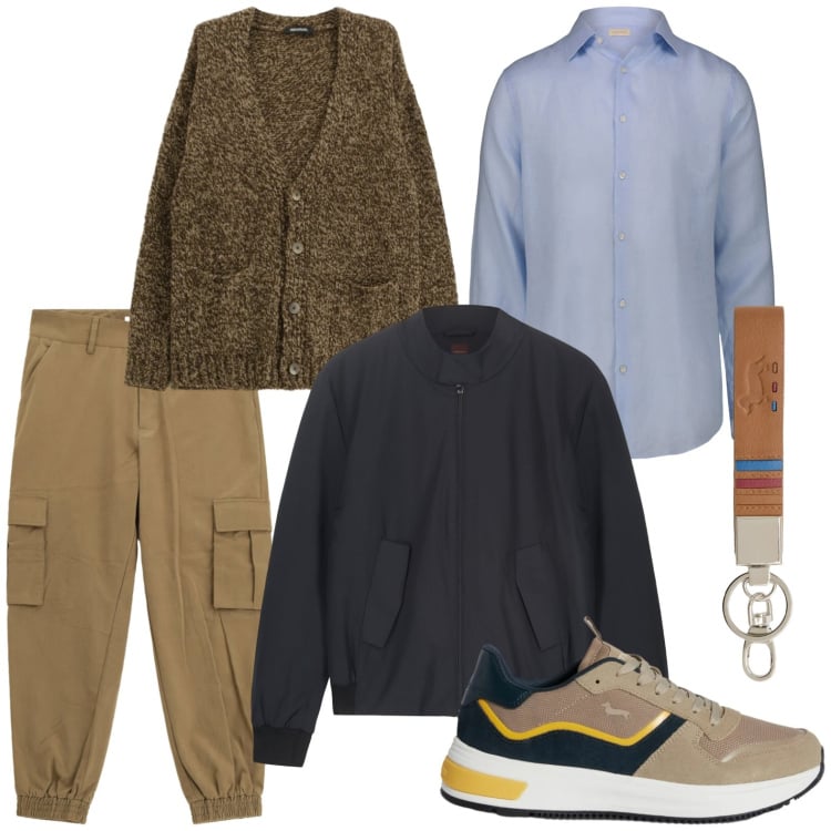 Outfit uomo - Weekend fuori porta. Stile Casual per Tutti i giorni. Abbinamento con sneakers, portachiavi, cardigans, pantaloni cargo, camicie, bomber.