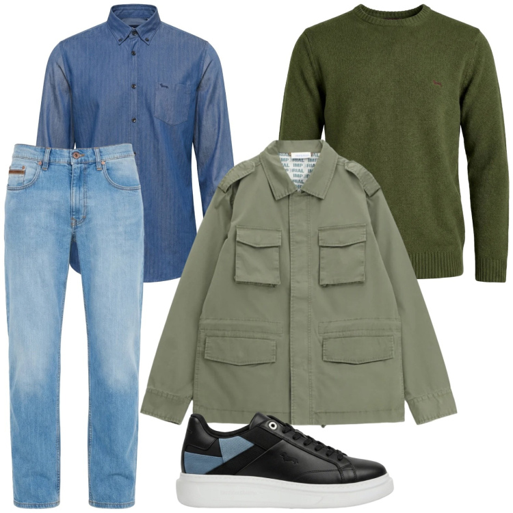 Outfit uomo - Weekend fuori porta. Stile Trendy per Tutti i giorni. Abbinamento con jeans, sneakers, pullovers, camicie, cappotti.
