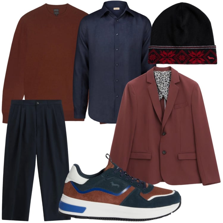 Outfit uomo - Bordeaux e blu. Stile Casual per Tutti i giorni. Abbinamento con sneakers, berretti, pantaloni, giacche, camicie, maglieria.