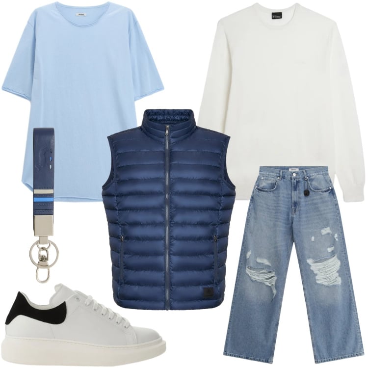 Outfit uomo - I jeans riveduti. Stile Casual per Tutti i giorni. Abbinamento con portachiavi, jeans strappati, sneakers, t-shirt, maglieria, piumini.