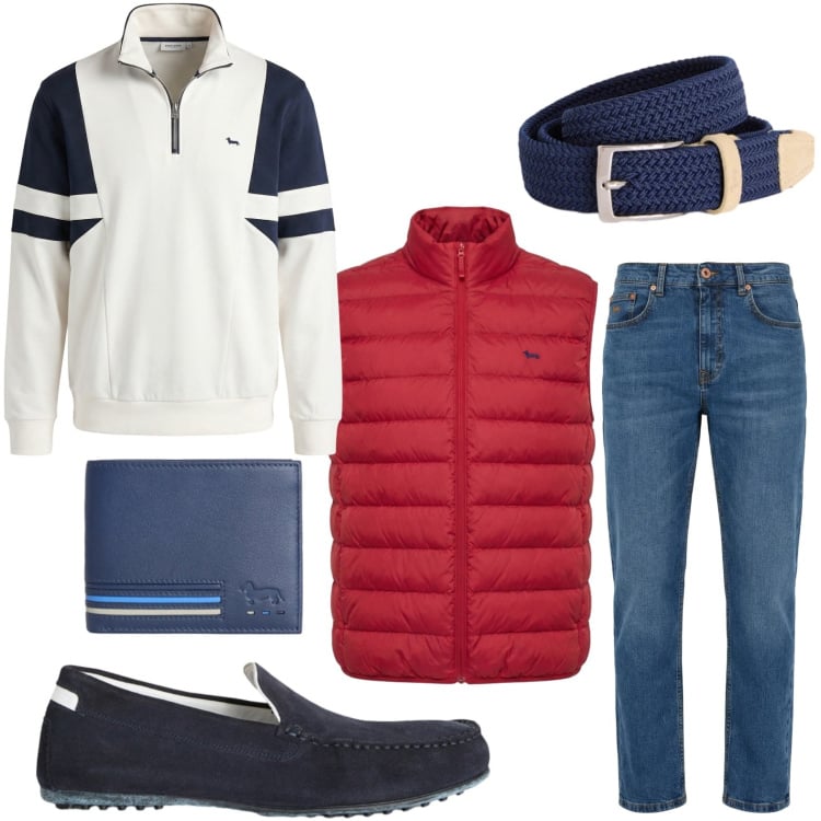 Outfit uomo - Gilet casual. Stile Casual per Tutti i giorni. Abbinamento con felpe, scarpe stringate, cinture, portafogli, piumini, jeans.