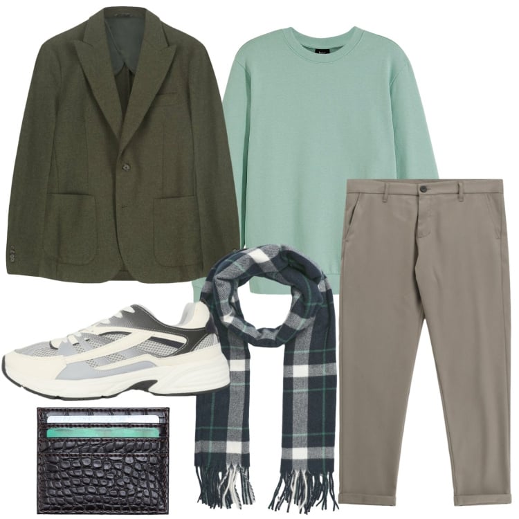 Outfit uomo - Touch verde acqua. Stile Casual per Tutti i giorni. Abbinamento con felpe, sciarpe, sneakers, pantaloni, portafogli, giacche.