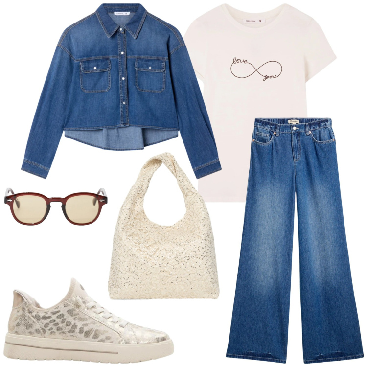 Outfit donna - Denim Soft Love. Stile Casual per Tutti i giorni. Abbinamento con jeans, sneakers, t-shirt, camicie, borse a spalla, occhiali da sole.