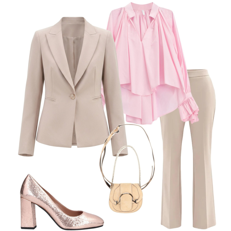 Outfit donna - Soft Power dressing. Stile Chic per Tutti i giorni. Abbinamento con marsupi, décolleté, camicie, blazer, pantaloni.