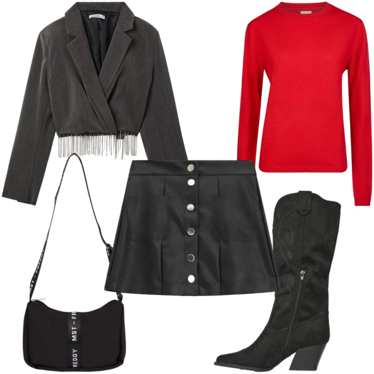 Outfit donna - Total look #2363578. Stile Trendy per Tutti i giorni. Abbinamento con blazer, stivali, minigonne, borse a tracolla, maglieria.