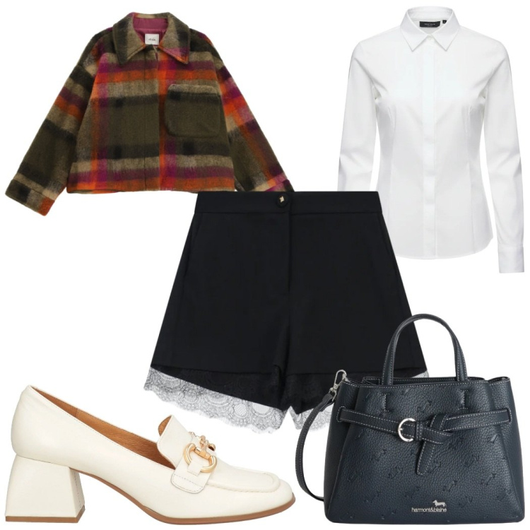 Outfit donna - Total look #2363592. Stile Trendy per Tutti i giorni. Abbinamento con mocassini, borse a mano, shorts, cappotti, camicie.