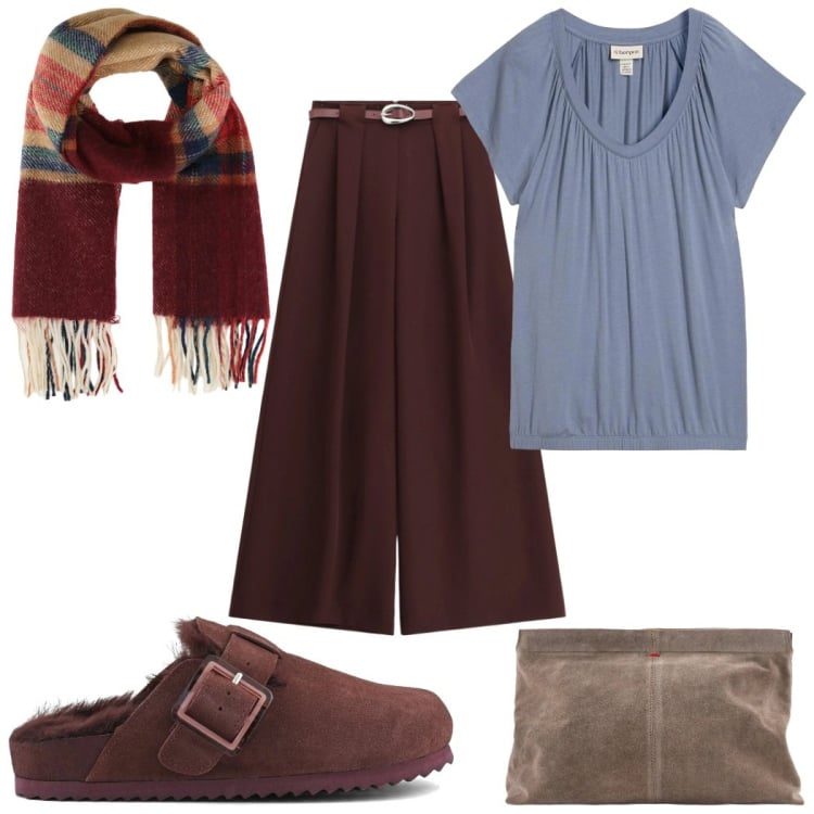 Outfit donna - Total look #2363596. Stile Trendy per Tutti i giorni. Abbinamento con t-shirt, pantaloni a palazzo, sciarpe, sabot, pochette.