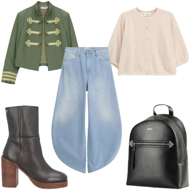 Outfit donna - Total look #2363601. Stile Trendy per Tutti i giorni. Abbinamento con stivaletti, zaini, cardigans, jeans, cappotti.