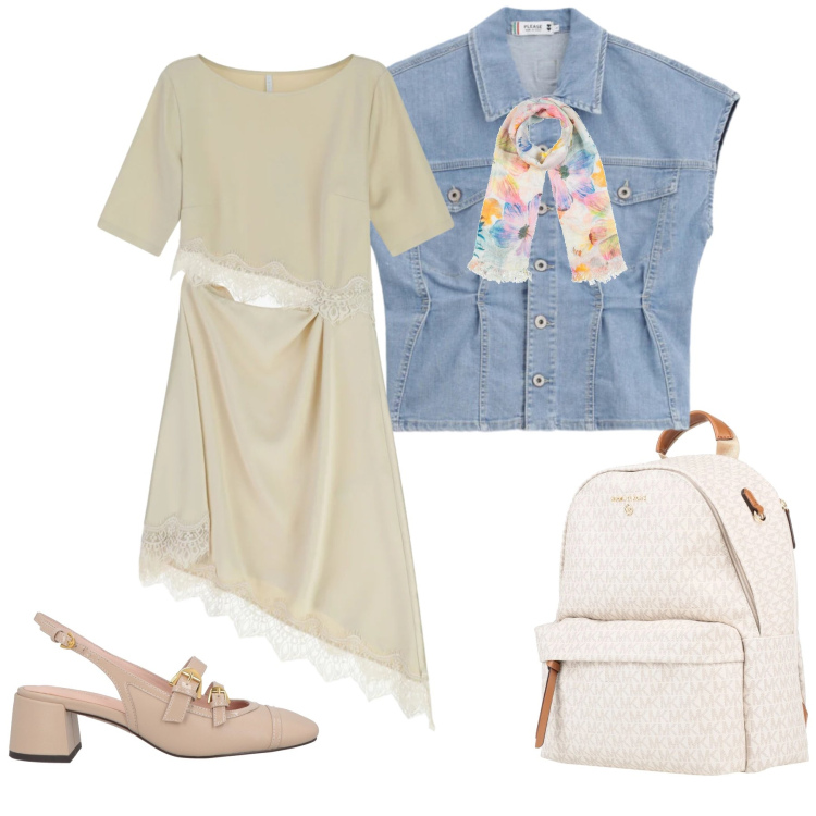 Outfit donna - Eleganza Estiva. Stile Casual chic per Tutti i giorni. Abbinamento con zaini, sciarpe, décolleté, vestiti asimmetrici, gilet.