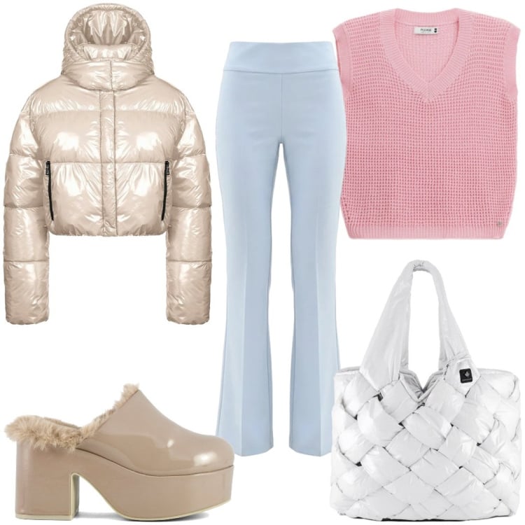 Outfit donna - Total look #2363610. Stile 70s per Tutti i giorni. Abbinamento con top, pantaloni, borse tote, piumini, sabot.