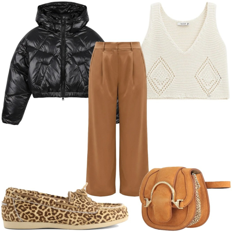 Outfit donna - Total look #2363624. Stile Etnico per Tutti i giorni. Abbinamento con marsupi, top, pantaloni a palazzo, piumini, mocassini.