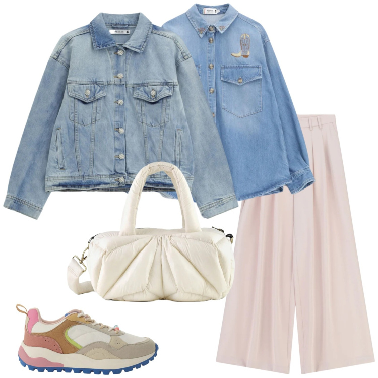 Outfit donna - Tutto soft. Stile Casual per Tutti i giorni. Abbinamento con sneakers, blazer, pantaloni a palazzo, camicie, borse a mano.